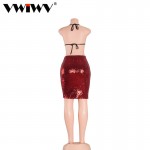 VWIWV Summer Style Sexy V neck Lace Up Ladies Dress Backless Club Party Dresses Prom Red Sequin Clothing Women Sets