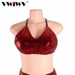 VWIWV Summer Style Sexy V neck Lace Up Ladies Dress Backless Club Party Dresses Prom Red Sequin Clothing Women Sets