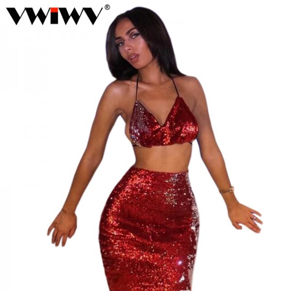 VWIWV Summer Style Sexy V neck Lace Up Ladies Dress Backless Club Party Dresses Prom Red Sequin Clothing Women Sets