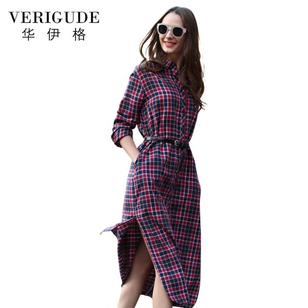 Veri Gude Long Plaid Shirt Dress Long Sleeve Women Cotton Long Shirtdress for Autumn Side Slit Women's dress plus size S-XXL