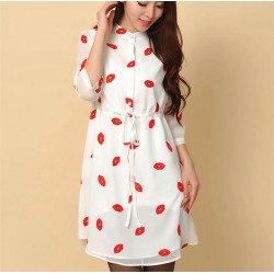 Vestidos Femininos 2016 Autumn Cute Red Lips Print Stand Collar lined Dresses Women Chiffon Dress with Sashes Plus Size S-4XL