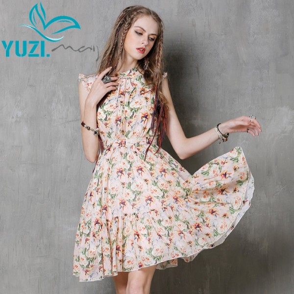 Vestidos Femininos 2017 Yuzi.may Boho New Summer Dress Cotton Linen Sleeveless Belted Flower Print Slim Dresses A8156 Vestido