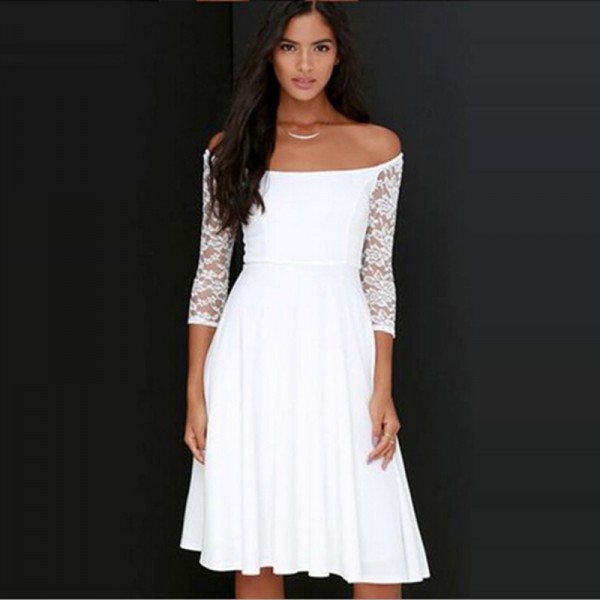 Vestidos Summer 2016 New Arrival Women Fashion White Elegant Sexy Off Shoulder Slash Neck Causal Knee Length Lace Sleeve Dresses