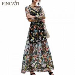 Vestidos de Fiesta 2018 Spring Summer Women New Fashion See-Through Sexy Mesh Yarn Floral Embroidered Long Maxi Black Dress
