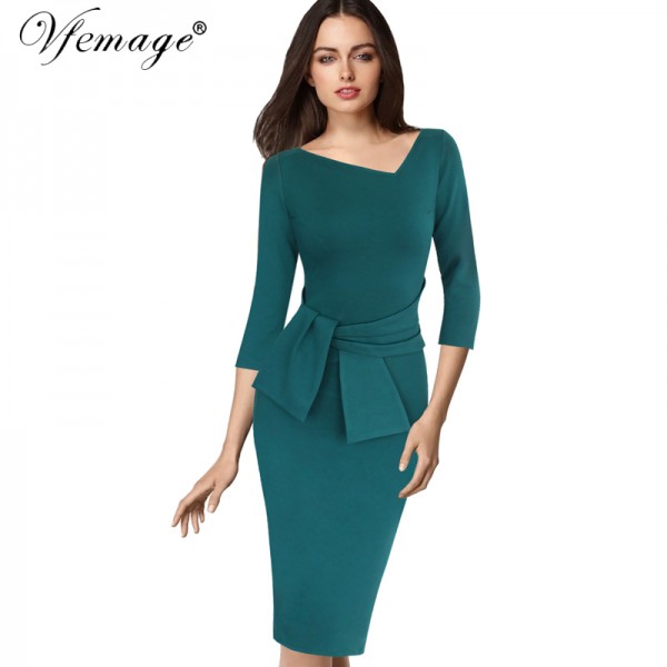 VfEmage Womens Asymmetric Neck Elegant Belted Tunic Wear to Work Office Business Bodycon Stretch Fitted Sheath Pencil Dress 4430