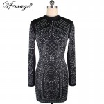 Vfemage Geometry Rhinestone Long sleeve Slim High Waist Women Ladies Fashion Cool Chic Party Club Bodycon Mini Short Dress 4420