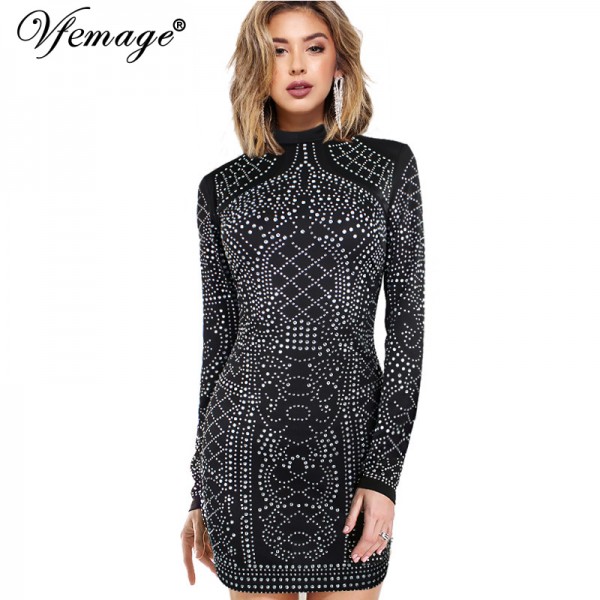 Vfemage Geometry Rhinestone Long sleeve Slim High Waist Women Ladies Fashion Cool Chic Party Club Bodycon Mini Short Dress 4420