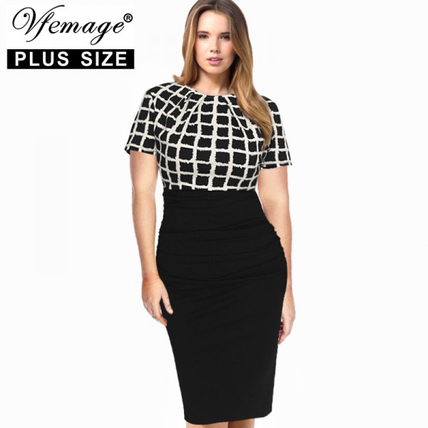 Vfemage (Plus Size) Womens Elegant Tartan Check Ruched High Waist Casual Work Office Party Sheath Bodycon Pencil Dress 2799