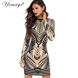 Vfemage Sexy Geometry Printed Ladies Fashion Long Sleeve Slim Tunic Cool Chic Casual Party Club Bodycon Short Mini Dress 4617