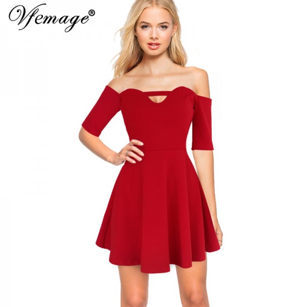 Vfemage Sexy Off Shoulder Keyhole Girl Ladies Chic Party Club Beach A-Line Skater Fitted Short Mini Dress 4912