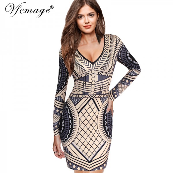 Vfemage Sexy V Neck Geometry Slim High Waist Women Girl Ladies Fashion Cool Chic Party Club Casual Bodycon Mini Short Dress 4356