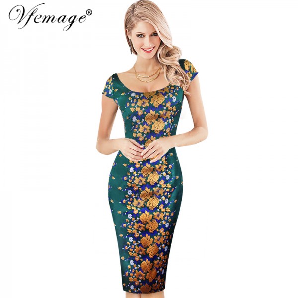 Vfemage Women Elegant Flower Jacquard Fabric Casual Party Evening Mother of Bride Special Occasion Sheath Bodycon Dress 3990