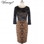 Vfemage Women Elegant Flower Lace High Waist Leopard Transparent 3/4 Sleeve Casual Party Pencil Sheath Tunic Bodycon Dress 4327