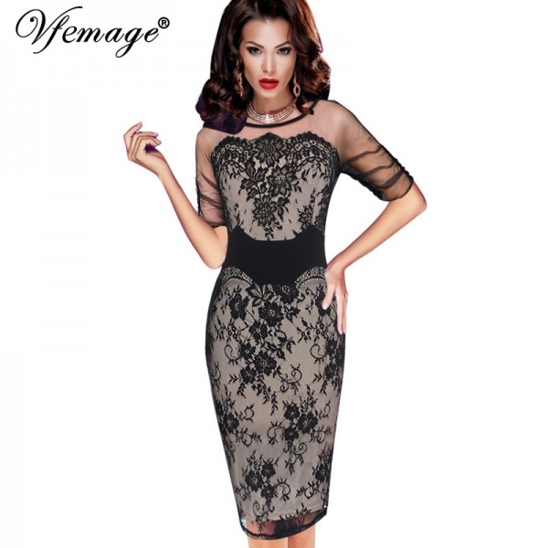 Vfemage Women Elegant Sexy Floral Lace See Through Mesh Slim Tunic Evening Party Club Special Occasion Fitted Bodycon Dress 4286