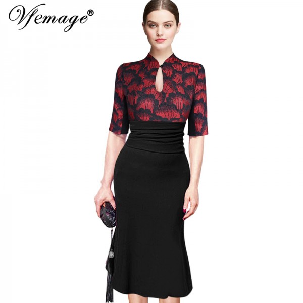 Vfemage Women Elegant Vintage Pinup Tunic Ruched Keyhole Prom Evening Party Work Formal Bodycon Mermaid Midi Dress 858