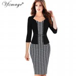 Vfemage Women One-piece Faux Jacket Elegant Slim V-neck Contrast Work Office Business 3/4 Sleeve Female Belt Bodycon Dress 4198