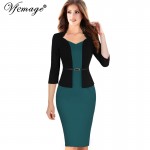 Vfemage Women One-piece Faux Jacket Elegant Slim V-neck Contrast Work Office Business 3/4 Sleeve Female Belt Bodycon Dress 4198