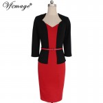Vfemage Women One-piece Faux Jacket Elegant Slim V-neck Contrast Work Office Business 3/4 Sleeve Female Belt Bodycon Dress 4198