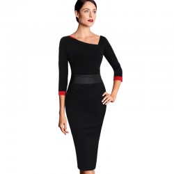 Vfemage Womens Asymmetric Neck Ruched Vintage Elegant Contrast Tunic Wear to Work Business Party Fitted Sheath Casual Dress 1908