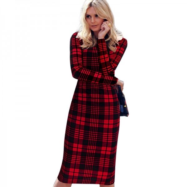 Vfemage Womens Autumn Elegant Tartan Check Plaid Long Sleeve Wear to Work Business Office Stretch Bodycon Fitted Dress 1565