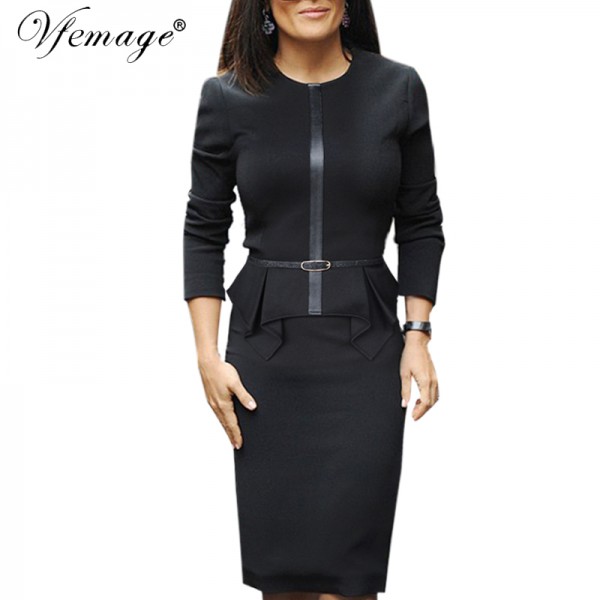 Vfemage Womens Autumn Elegant Vintage Peplum Belt Slim Wear To Work Office Business Casual Sheath Fitted Pencil Dress 4263