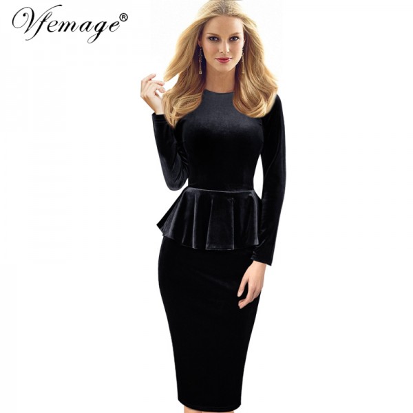 Vfemage Womens Autumn Winter Sexy Elegant Peplum Velvet Tunic Party Mother of Bride Special Occasion Evening Bodycon Dress 4082