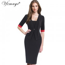 Vfemage Womens Elegant Faux Jacket Contrast Patchwork Slim Vintage Work Office Business Party Bodycon Pencil Sheath Dress 6342
