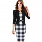 Vfemage Womens Elegant Faux Jacket One-Piece Belted Tartan Lace Patchwork Wear to Work Business Pencil Sheath Bodycon Dress 068