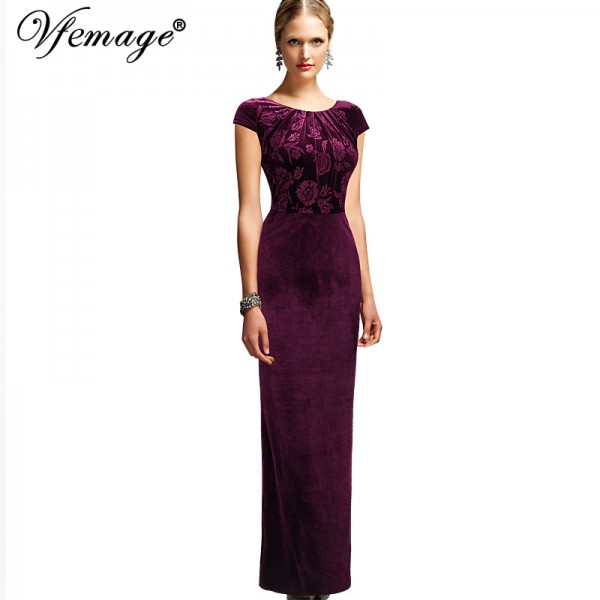 Vfemage Womens Elegant Floral Frill Velvet Formal Evening Party Mother of Bride Special Occasion Bodycon Long Maxi Dress 3963