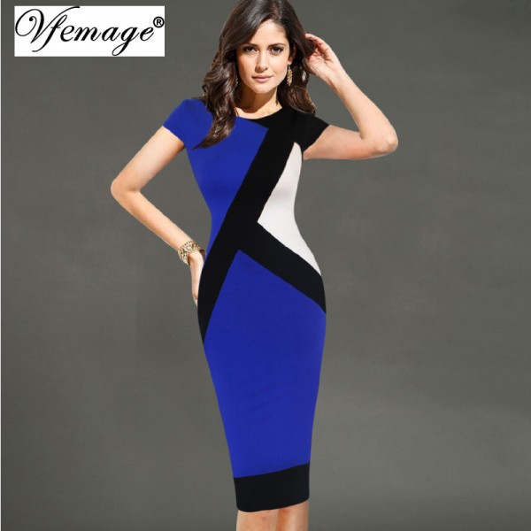 Vfemage Womens Elegant Optical Illusion Colorblock Contrast Modest Slim Work Business Casual Party Sheath Pencil Dress 4725