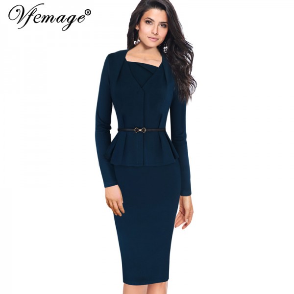 Vfemage Womens Elegant Peplum Slim Tunic Belted Vintage Casual Wear To Work Business Office Bodycon Pencil Sheath Dress 4541