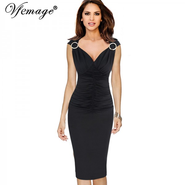 Vfemage Womens Elegant Ruffle Ruched Draped Sexy V-neck Pinup Vintage Work Party Evening Casual Bodycon Fitted Pencil Dress 6297