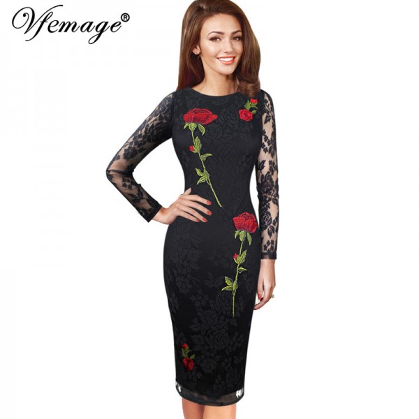 Vfemage Womens Elegant Sexy Embroidered Floral Lace See Through Party Special Occasion Pencil Sheath Embroidery Dress 4401