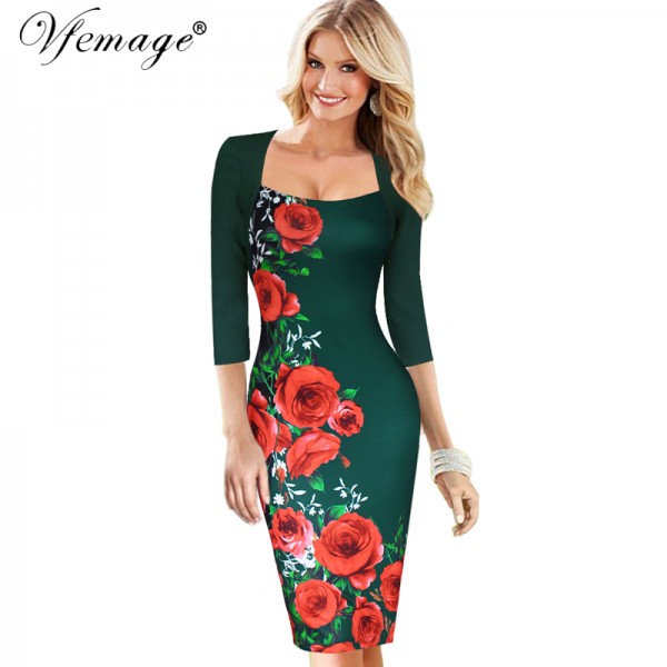 Vfemage Womens Elegant Sexy Floral Flower Square Neck Casual Party Evening Mother of Bride Pencil Sheath Bodycon Dress 4227