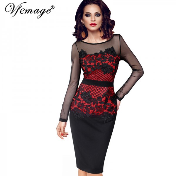Vfemage Womens Elegant Sexy See Through Crochet Belted Patchwork Party Evening Club Special Occasion Fitted Bodycon Dress 4015