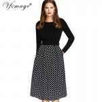 Vfemage Womens Elegant Vintage Autumn Winter Polka Dot Belted Tunic Pinup Work Office Casual Party A Line Skater Dress 2127