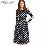 Vfemage Womens Elegant Vintage Autumn Winter Polka Dot Belted Tunic Pinup Work Office Casual Party A Line Skater Dress 2127