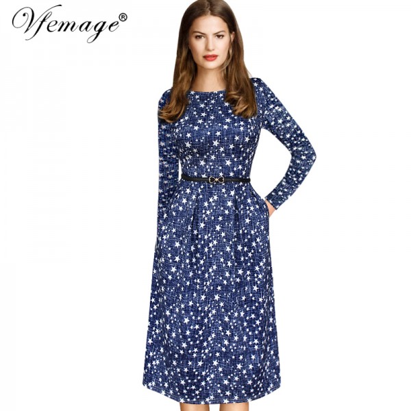 Vfemage Womens Elegant Vintage Autumn Winter Polka Dot Belted Tunic Pinup Work Office Casual Party A Line Skater Dress 2127