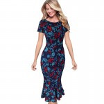 Vfemage Womens Elegant Vintage Floral Flower Print Pinup Stretch Casual Party Bodycon Fitted Mermaid Midi Mid-Calf Dress 2158