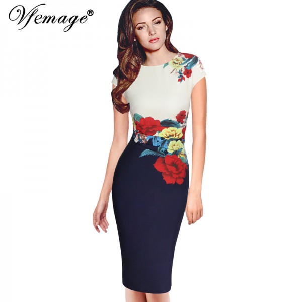 Vfemage Womens Elegant Vintage Flower Floral Print Frill Ruched Charming Casual Party Bodycon Sheath Fitted Vestidos Dress 2566