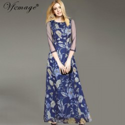 Vfemage Womens Elegant Vintage Flower Floral Print See Through Mesh Casual Charming Party Ball Gown Long Maxi Dress 2519