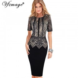 Vfemage Womens Elegant Vintage Lace Peplum See Through Sleeve Casual Party Special Occasion Sheath Fitted Bodycon Dress 4285
