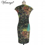 Vfemage Womens Elegant Vintage Peacock Feathers Print Retro Cap Sleeve Vestidos Casual Party Evening Sheath Bodycon Dress 3926