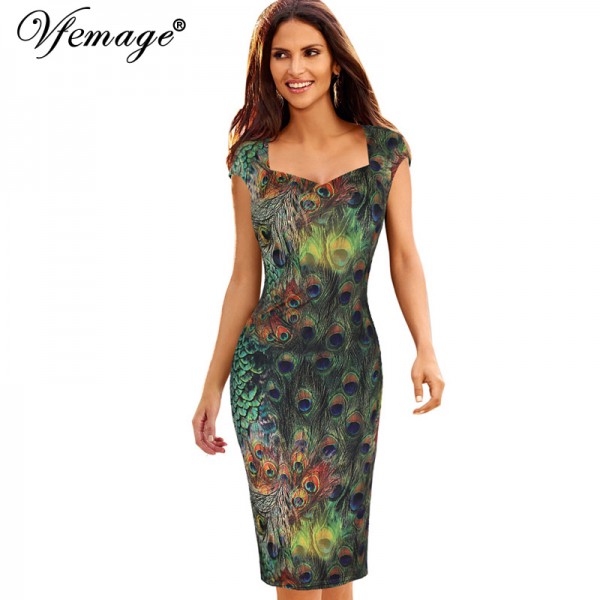 Vfemage Womens Elegant Vintage Peacock Feathers Print Retro Cap Sleeve Vestidos Casual Party Evening Sheath Bodycon Dress 3926