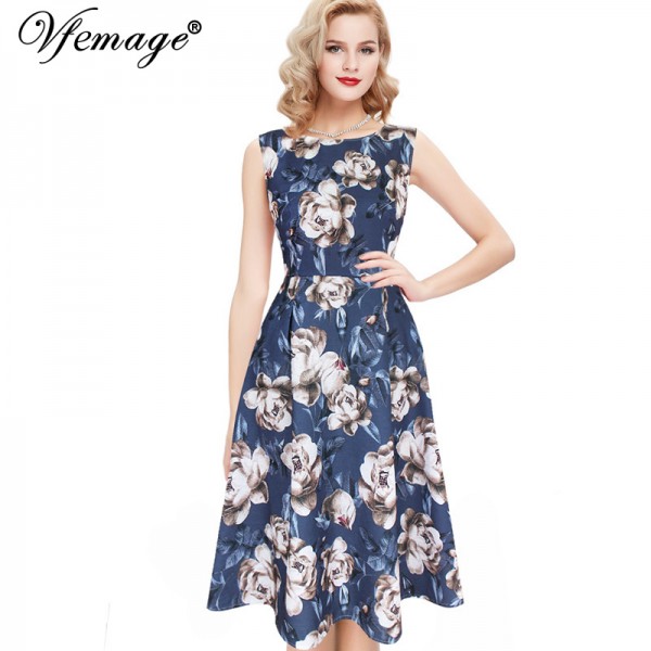 Vfemage Womens Elegant Vintage Polka Dot Floral Flower Print Tunic Wear To Work Office Casual Party A-Line Skater Dress 2588