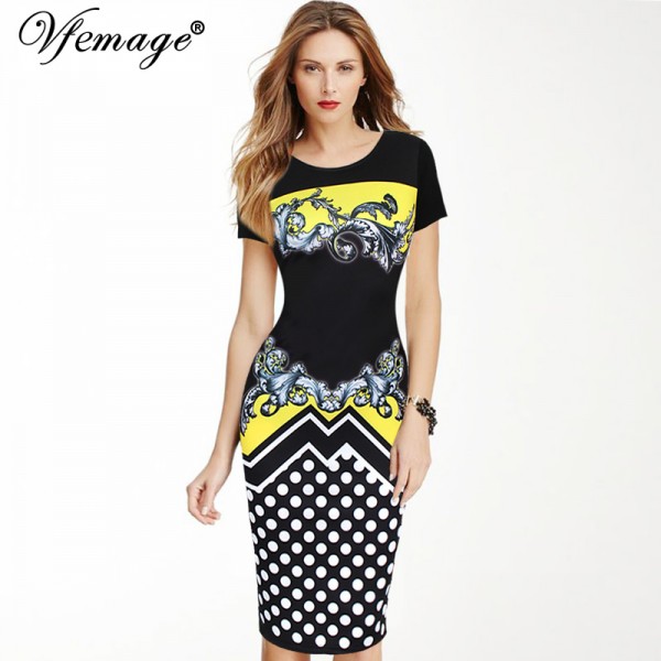 Vfemage Womens Elegant Vintage Retro Polka Dot Printed Vestidos Casual Work Office Business Party Pencil Sheath Dress 3066