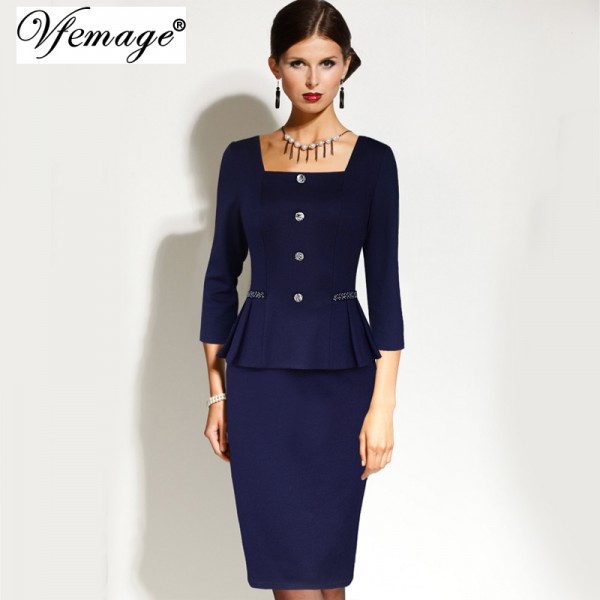 Vfemage Womens Elegant Vintage Square Neck Peplum Tunic Wear To Work Office Business Casual Pencil Sheath Fitted Dress 4060