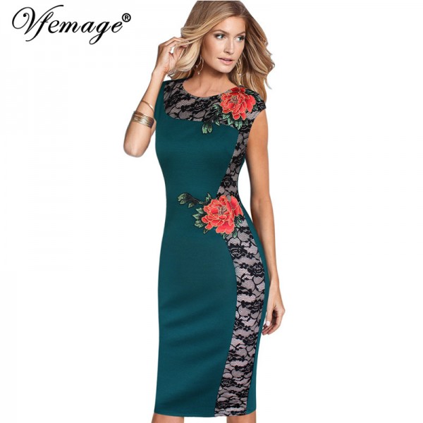 Vfemage Womens Elegant Vintage embroidered Lace Cap Sleeve Party Evening Special Occasion Bodycon Sheath Embroidery Dress 4289