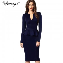 Vfemage Womens Peplum Autumn Winter Elegant Sexy Deep V Neck Tunic Slim Casual Work Party Club Bodycon Sheath Pencil Dress 2113 