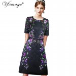 Vfemage Womens Rhinestone Elegant Vintage Flower Printed Lace Tunic Party Special Occasion Vestidos Skater A-Line Dress 3093
